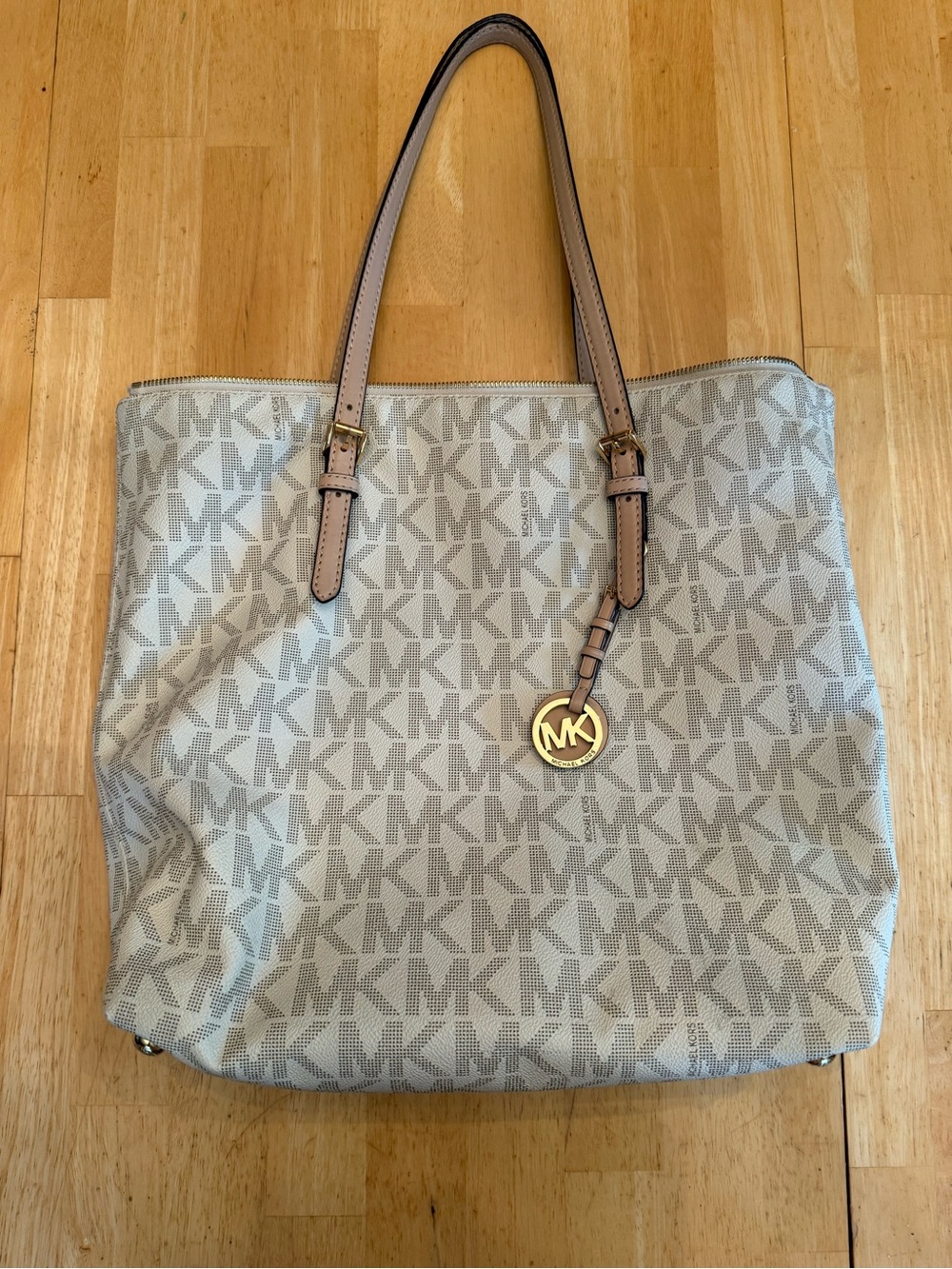 Michael Kors Light Beige Signature MK Tote with Gold Charm